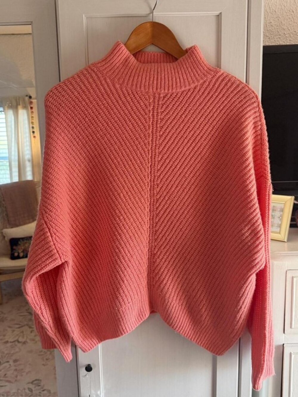 Coral Mock Neck Chunky Knit Oversized Sweater